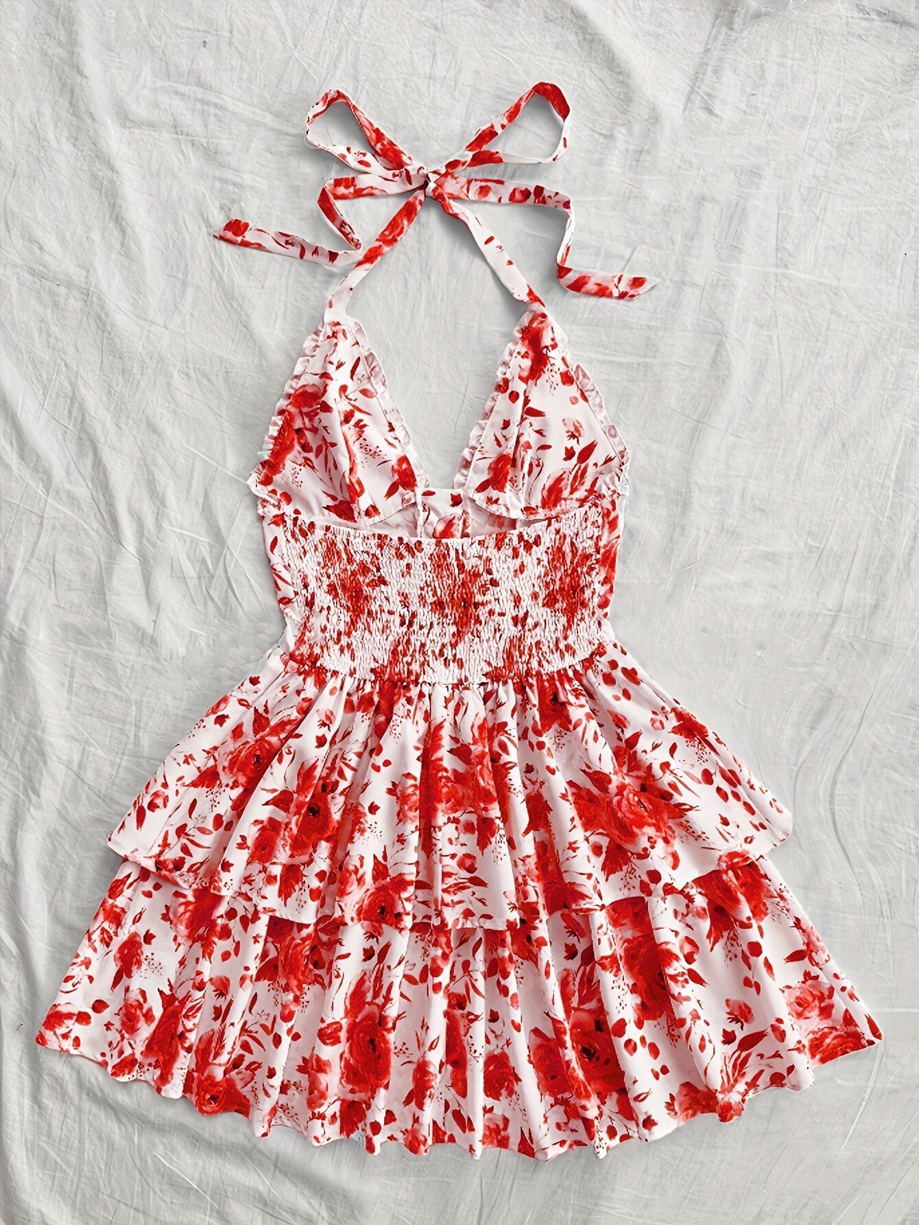 Damen Volant-Minikleid mit Rosenmuster und Schnürung – Sommer, Elegant, Festlich