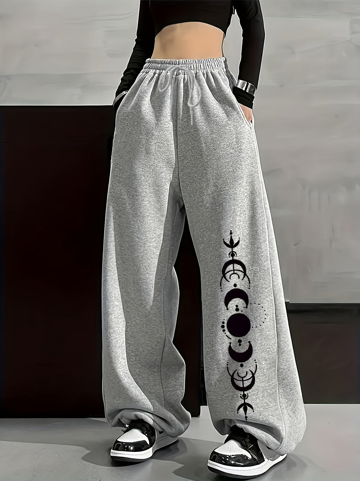 Weite Freizeithose mit Mondphasen-Print, Gummizugbund