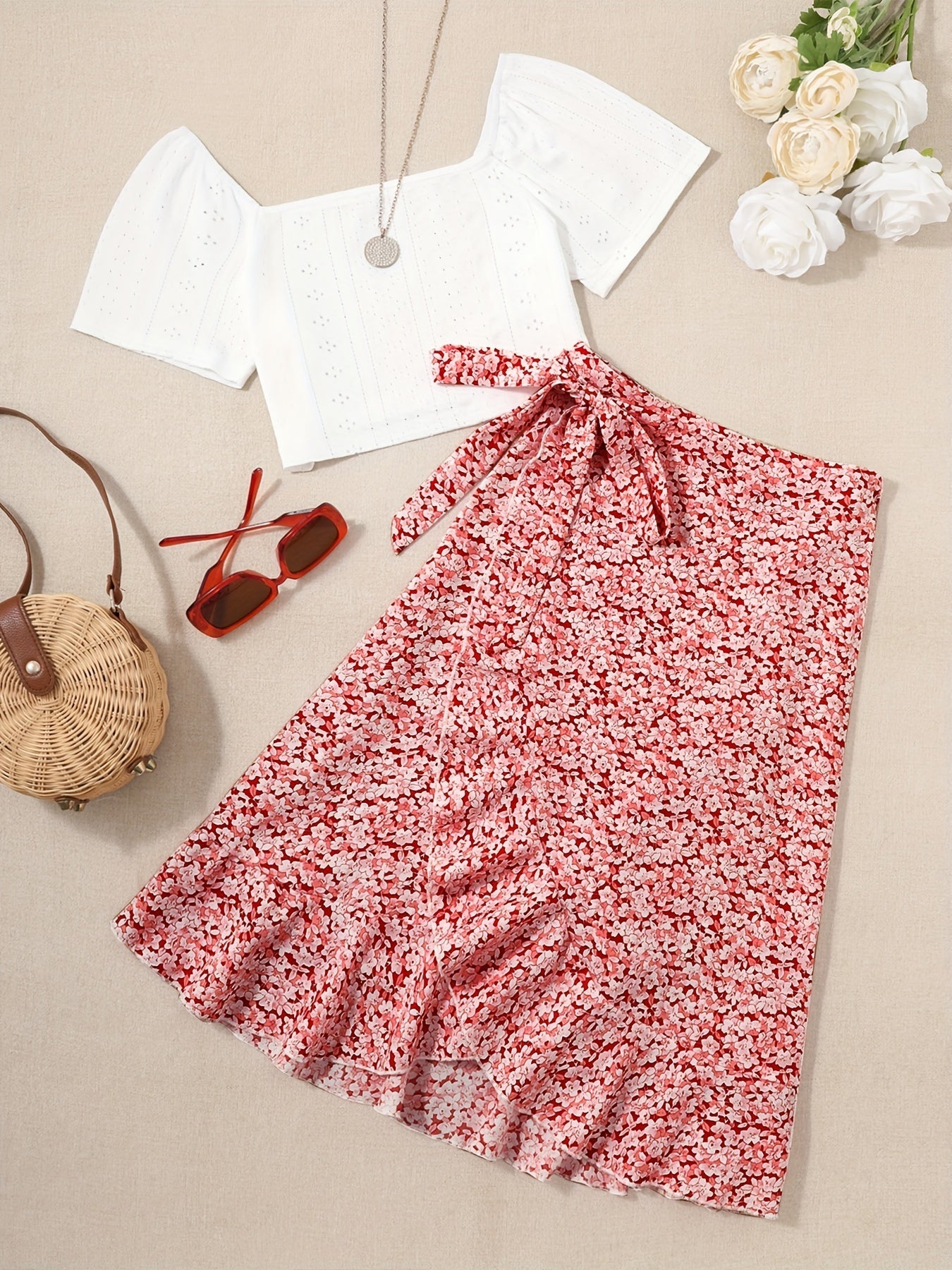Damen Zweiteiler Set – Romantisches Sommer-Outfit mit Bluse und Wickelrock, ideal für Freizeit und Urlaub