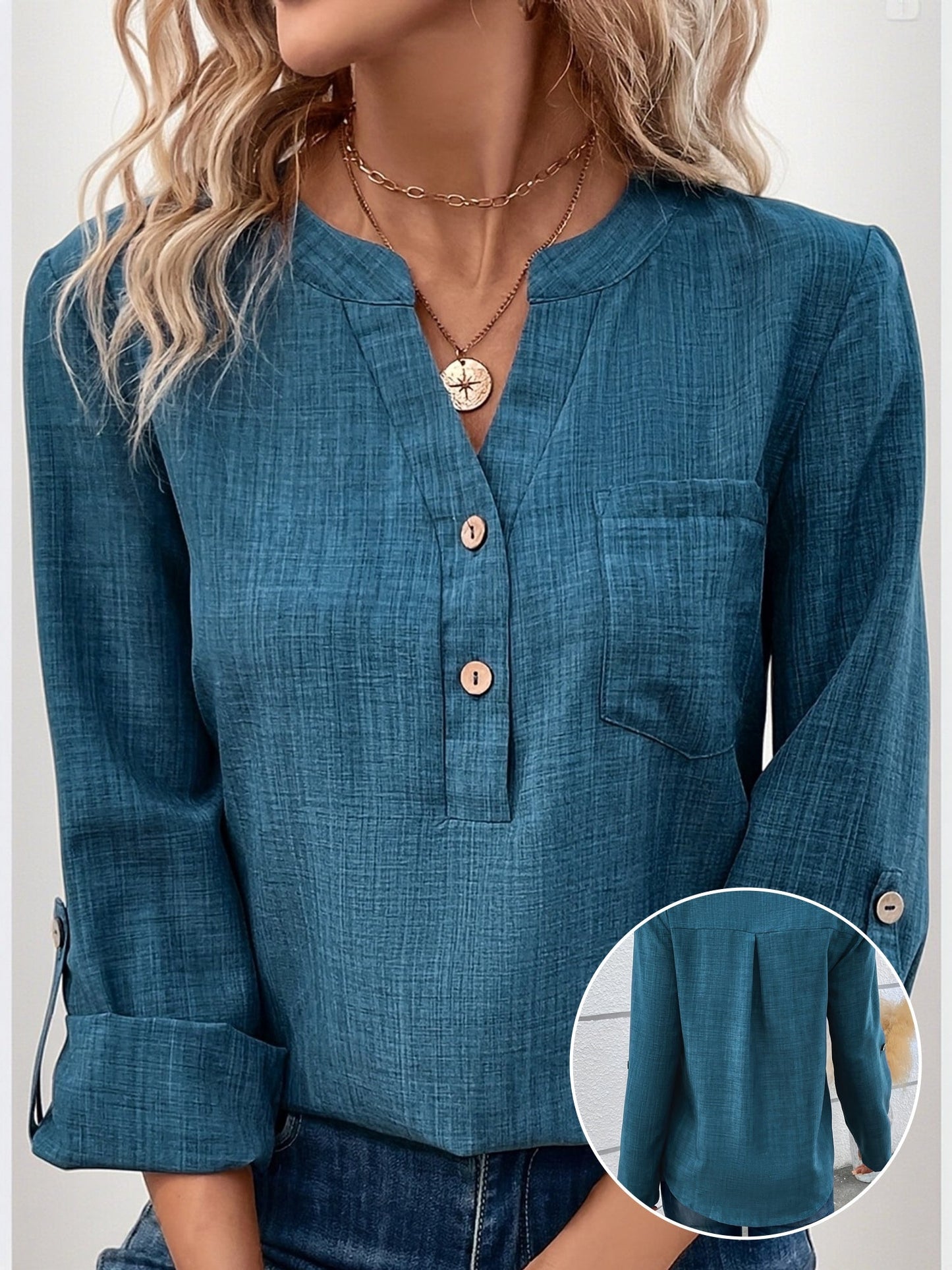 Damen Bluse mit V-Ausschnitt und Knopfleiste – Lässiger Style für Alltag & Büro