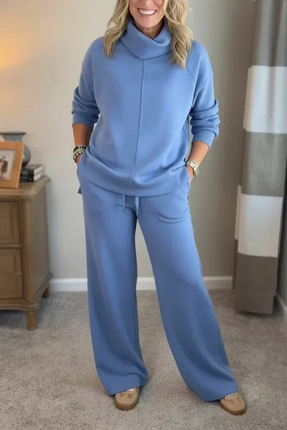 Damen Lounge Set Rollkragen Pullover & Weite Bein Hose Freizeitanzug