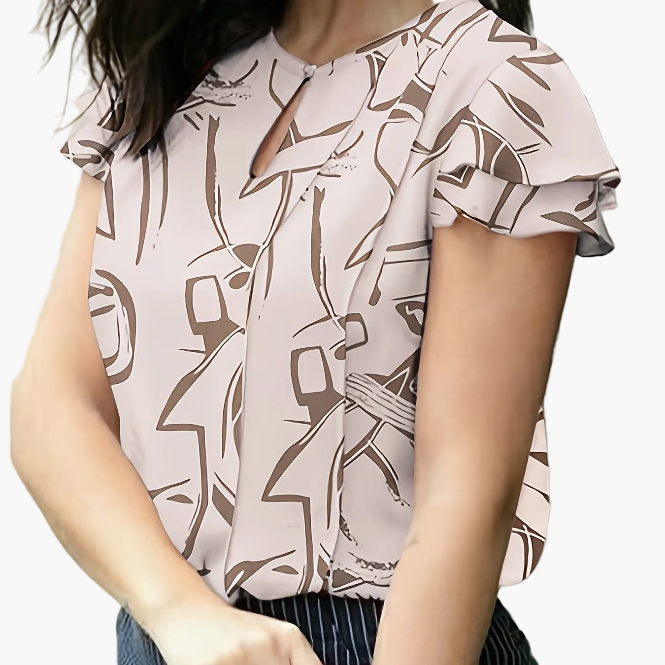 Damen Elegante Bluse mit Volantärmeln und Keyhole-Ausschnitt – Stilvolle Sommermode für Büro und Freizeit