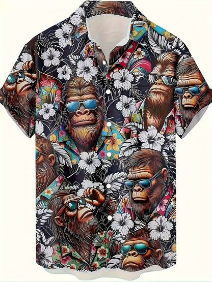 Herren Hawaiihemd mit Gorillamotiv und tropischem Print – Lustiges Sommer Freizeithemd