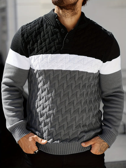 Herren Grobstrickpullover mit Stehkragen und Knopfleiste, mehrfarbig