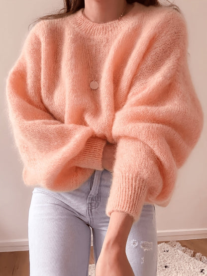 Damen Oversize Pullover Rundhals Weich Strick Langarm