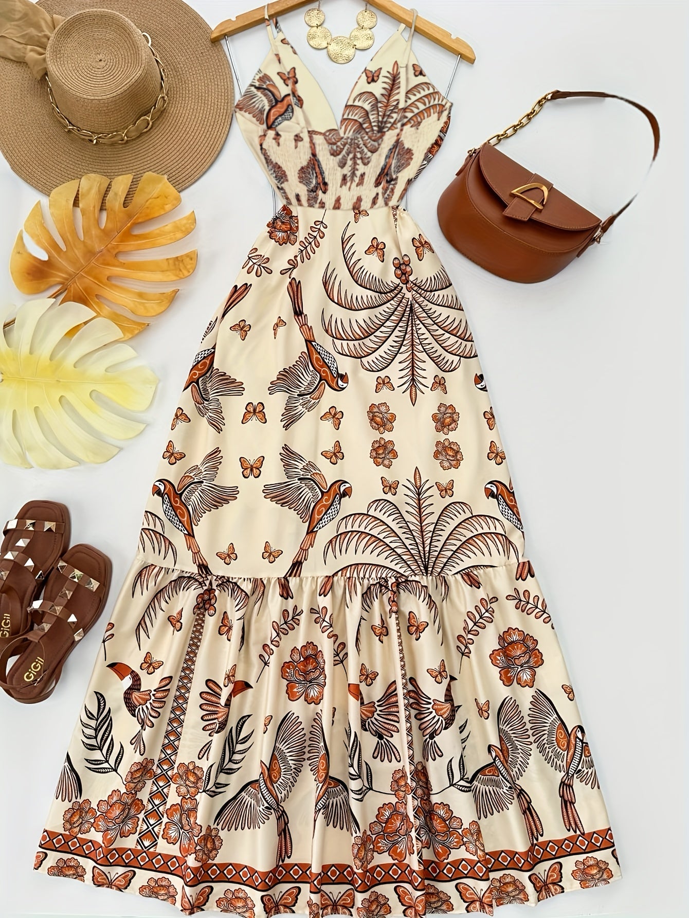 Damen Maxikleid mit Boho-Print und V-Ausschnitt – Für Urlaub und Sommerfeste