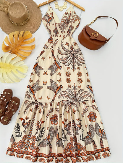 Damen Maxikleid mit Boho-Print und V-Ausschnitt – Für Urlaub und Sommerfeste