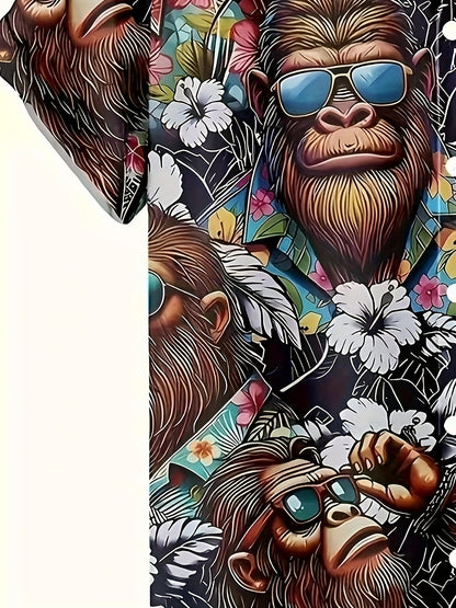 Herren Hawaiihemd mit Gorillamotiv und tropischem Print – Lustiges Sommer Freizeithemd