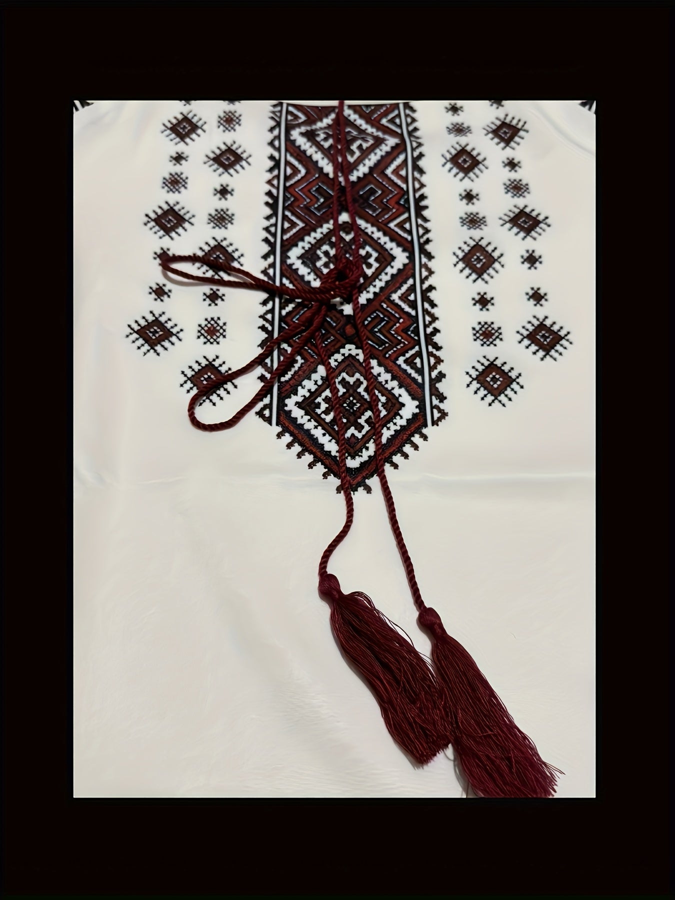 Damen Bluse mit Stickerei Weiß Rote Ethno-Muster Lange Ärmel