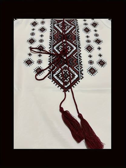 Damen Bluse mit Stickerei Weiß Rote Ethno-Muster Lange Ärmel