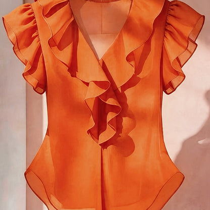 Damen Rüschenbluse mit V-Ausschnitt und Volantärmeln – Elegante Chiffonbluse für Büro und besondere Anlässe