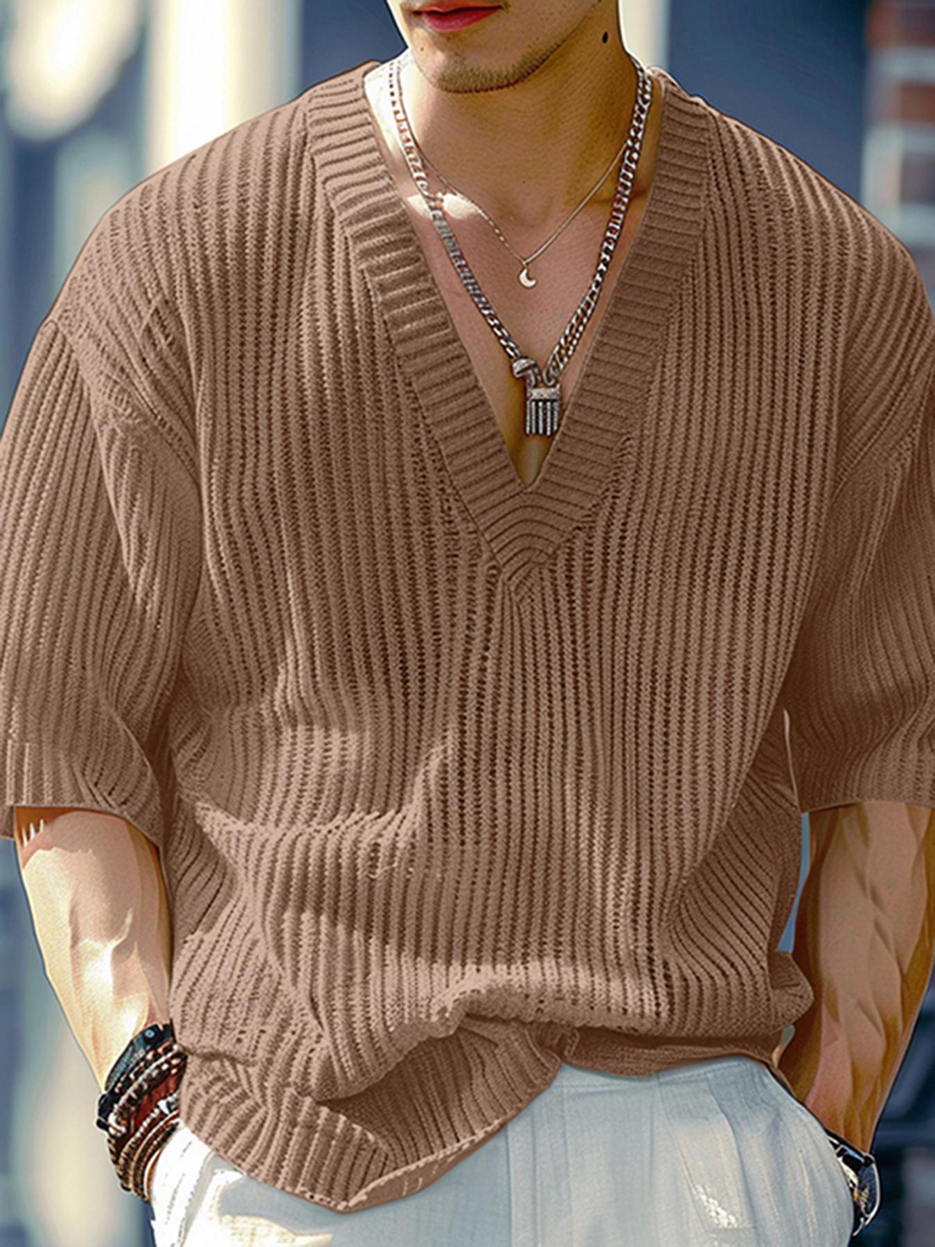 Herren Strickpullover V-Ausschnitt Kurzarm Rippstrick Lässig