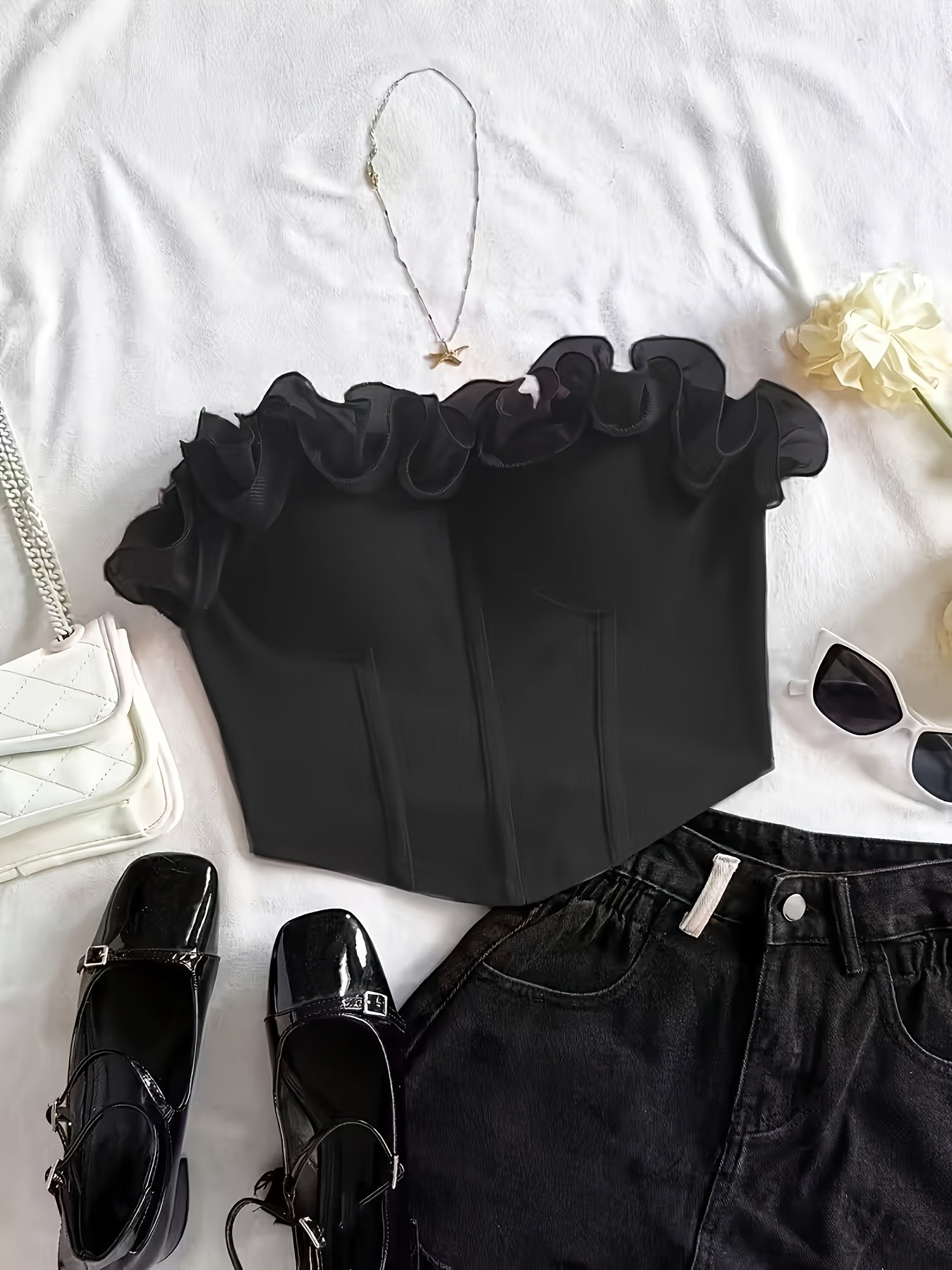 Damen Bustier Top schulterfrei mit Volant und Rüschen – Elegantes Party- und Ausgeh-Oberteil