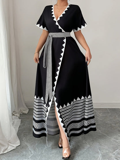 Damen Maxi Wickelkleid mit grafischem Muster und Bindegürtel – Eleganter Look für besondere Anlässe
