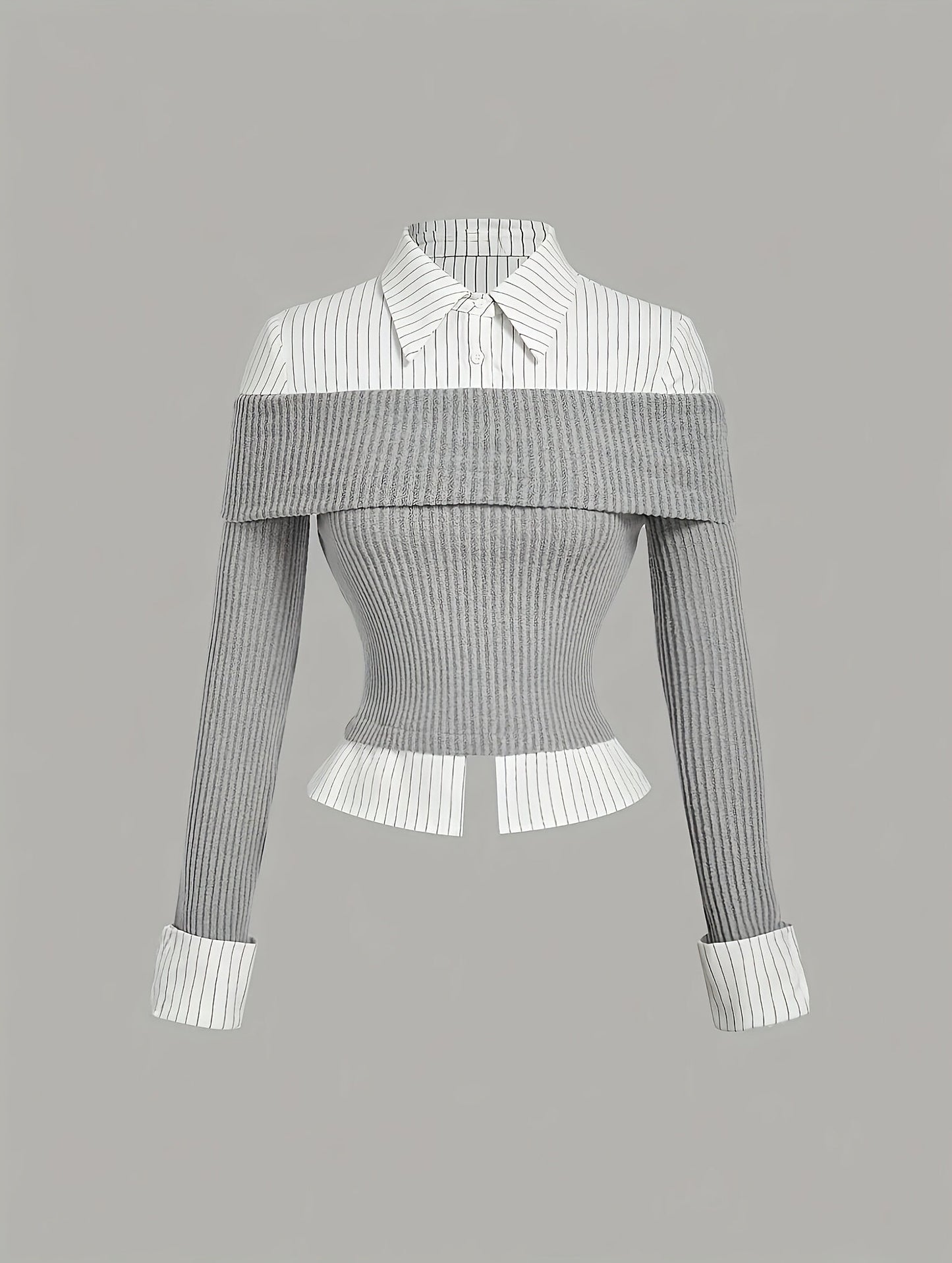 Damen Layering-Oberteil Off-Shoulder Rippstrick Grau Weiß Gestreift