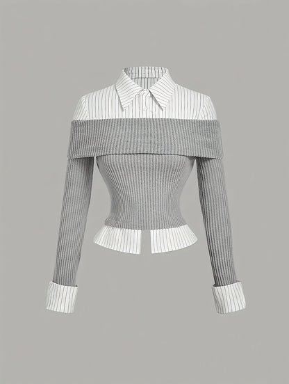 Damen Layering-Oberteil Off-Shoulder Rippstrick Grau Weiß Gestreift