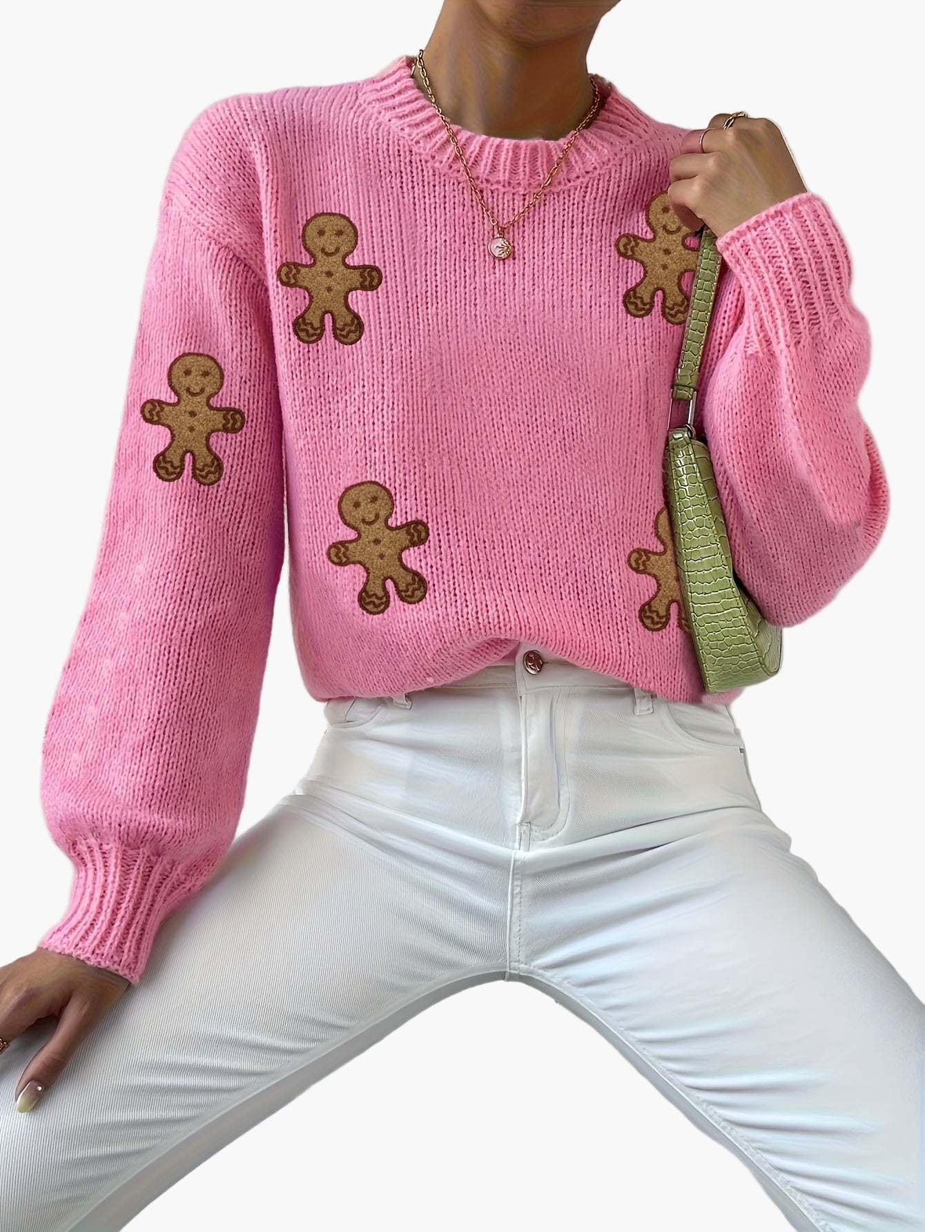Damen Pullover im verspielten Stil mit Lebkuchenmännchen – Modischer Strick für Herbst und Winter