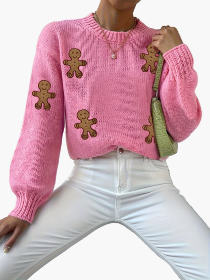 Damen Pullover im verspielten Stil mit Lebkuchenmännchen – Modischer Strick für Herbst und Winter