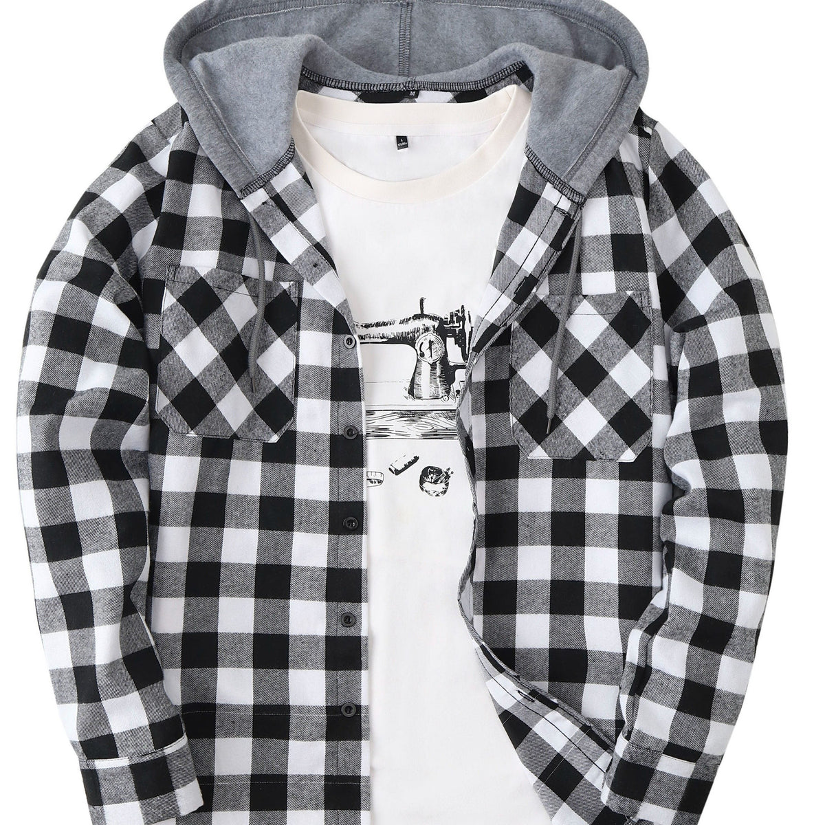 Unisex Kariertes Hemdjacke mit Kapuze Button-Down Langarm Freizeithemd
