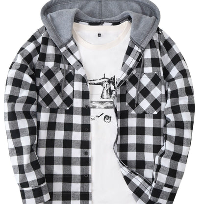 Unisex Kariertes Hemdjacke mit Kapuze Button-Down Langarm Freizeithemd