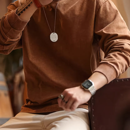 Langarmshirt Herren, lockere Passform, Rundhals, Braun-Orange Used-Look