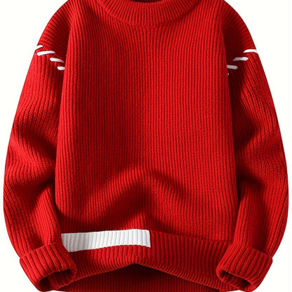 Unisex Rippstrick Pullover Rundhals mit Streifenmuster an Ärmeln und Saum