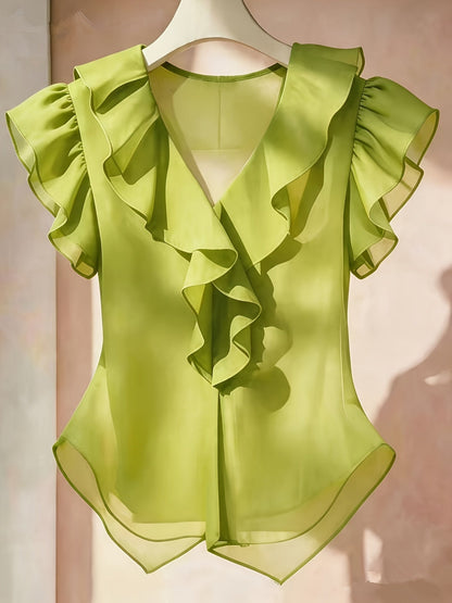 Damen Rüschenbluse mit V-Ausschnitt und Volantärmeln – Elegante Chiffonbluse für Büro und besondere Anlässe