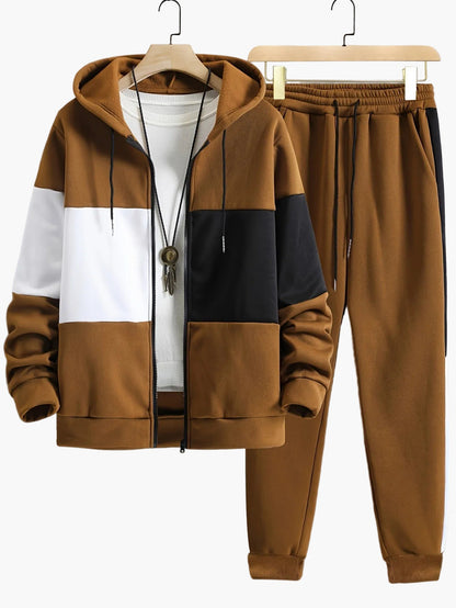 Herren Trainingsanzug Set mit Kapuzenjacke – Patchwork, Casual, Sport & Freizeit