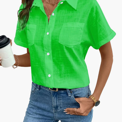 Damen Kurzarm Hemdbluse mit Vogelmuster – Modische Freizeitbluse für Alltag und Büro
