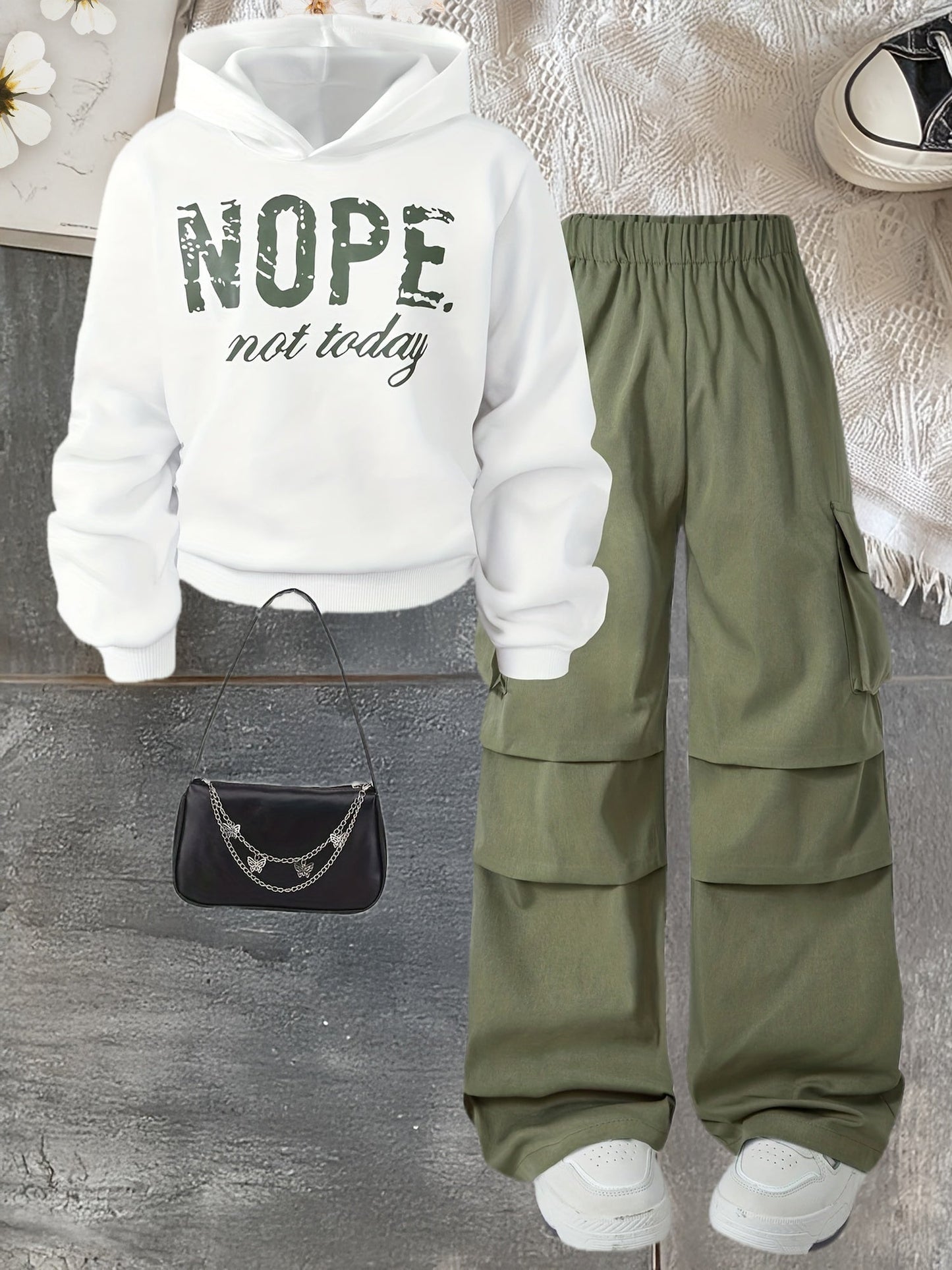 Damen Hoodie & Cargo-Hose Set, Weiß Grün, Weites Bein, Elastischer Bund