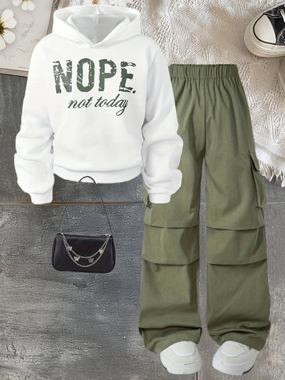 Damen Hoodie & Cargo-Hose Set, Weiß Grün, Weites Bein, Elastischer Bund