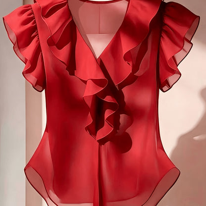 Damen Rüschenbluse mit V-Ausschnitt und Volantärmeln – Elegante Chiffonbluse für Büro und besondere Anlässe
