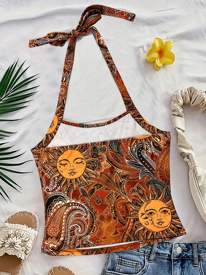 Damen Vintage Halterneck Top mit Sonnen- und Mond-Print – Sommer Boho Style