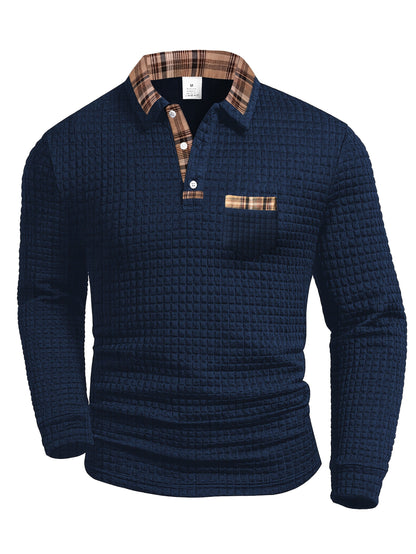 Herren Langarmshirt Waffelstruktur Karierter Kragen Grün