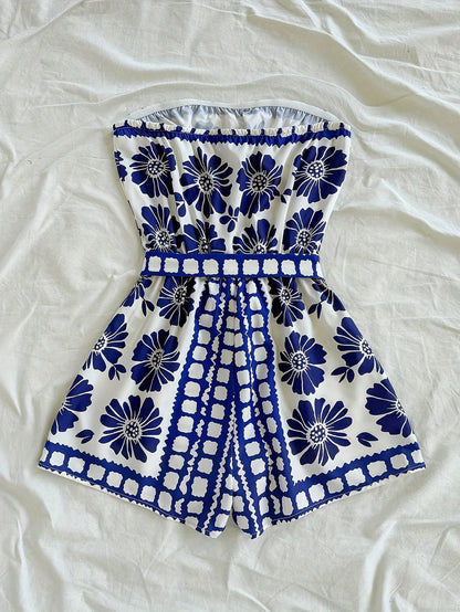 Damen Bandeau-Overall mit Blumenmuster und Taillengürtel – Eleganter Sommer-Jumpsuit für Urlaub & Freizeit