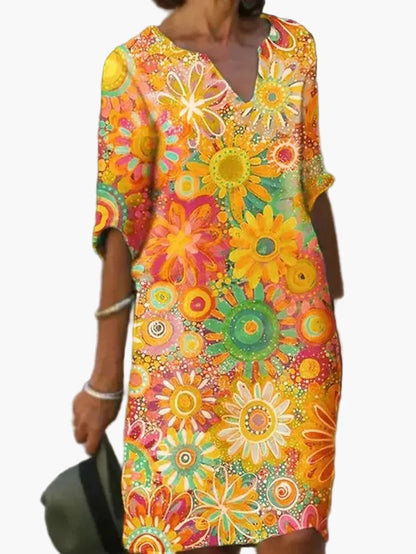 Damen Sommerkleid mit V-Ausschnitt und Blumenmuster – Freizeit & Festlich, Boho-Stil