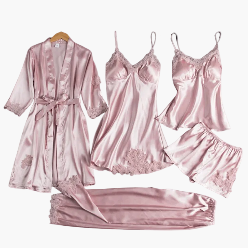 Damen Luxus Nachtwäsche Set 5-teilig – Elegantes Satin Pyjama & Loungewear Ensemble für stilvolle Nächte