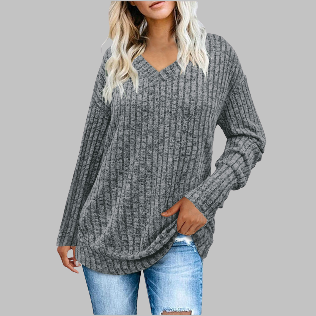 Damen Gerippter Pullover mit V-Ausschnitt, Langarm