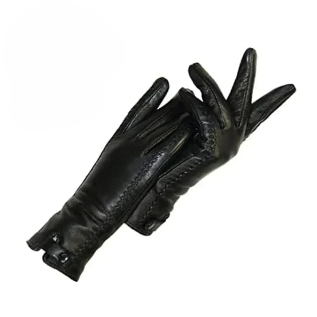 Schwarze Handschuhe aus weichem Material mit Knopfdetails und sichtbaren Nähten