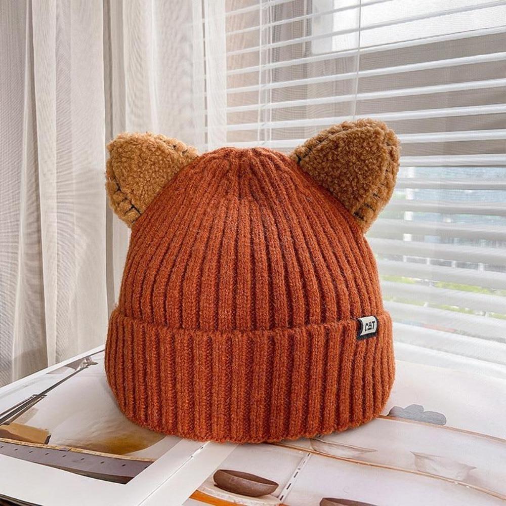 Gerippte Beanie Mütze mit Katzenohren und Umschlag, verschiedene Farben