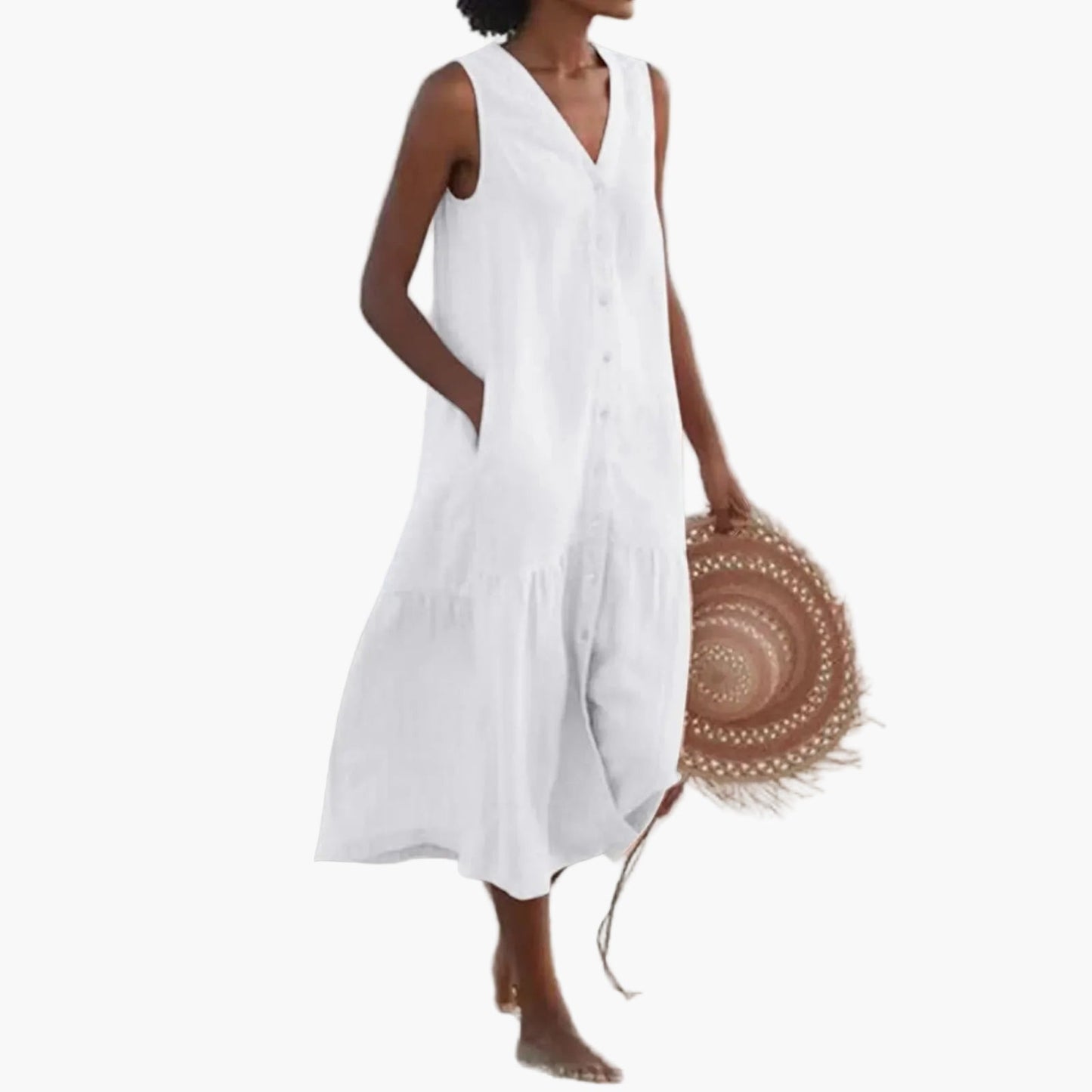 Damen Sommer Strandkleid ärmellos V-Ausschnitt Knopfleiste Freizeitkleid