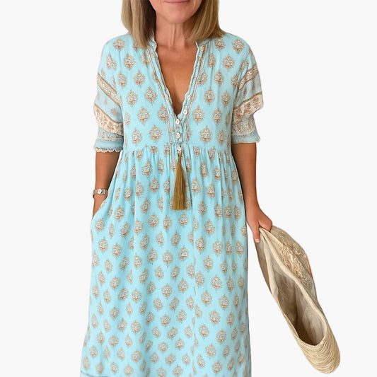 Damen Boho Midi Kleid mit Taschen und Quasten, Sommer Freizeitkleid
