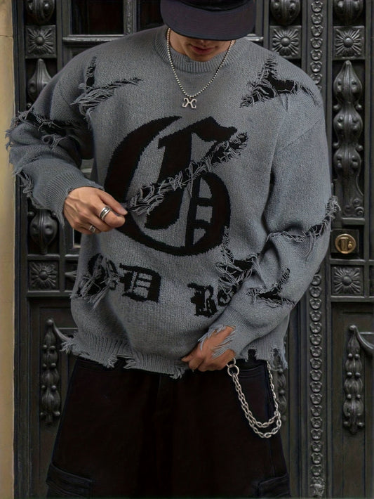 Unisex Pullover mit Riss-Details und Rundhalsausschnitt in Distressed-Optik