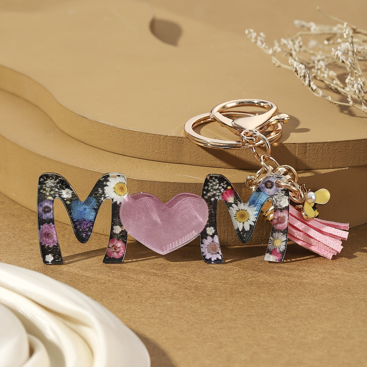 Schlüsselanhänger für Damen – Blumen MOM Herz – Modisches Muttertagsgeschenk