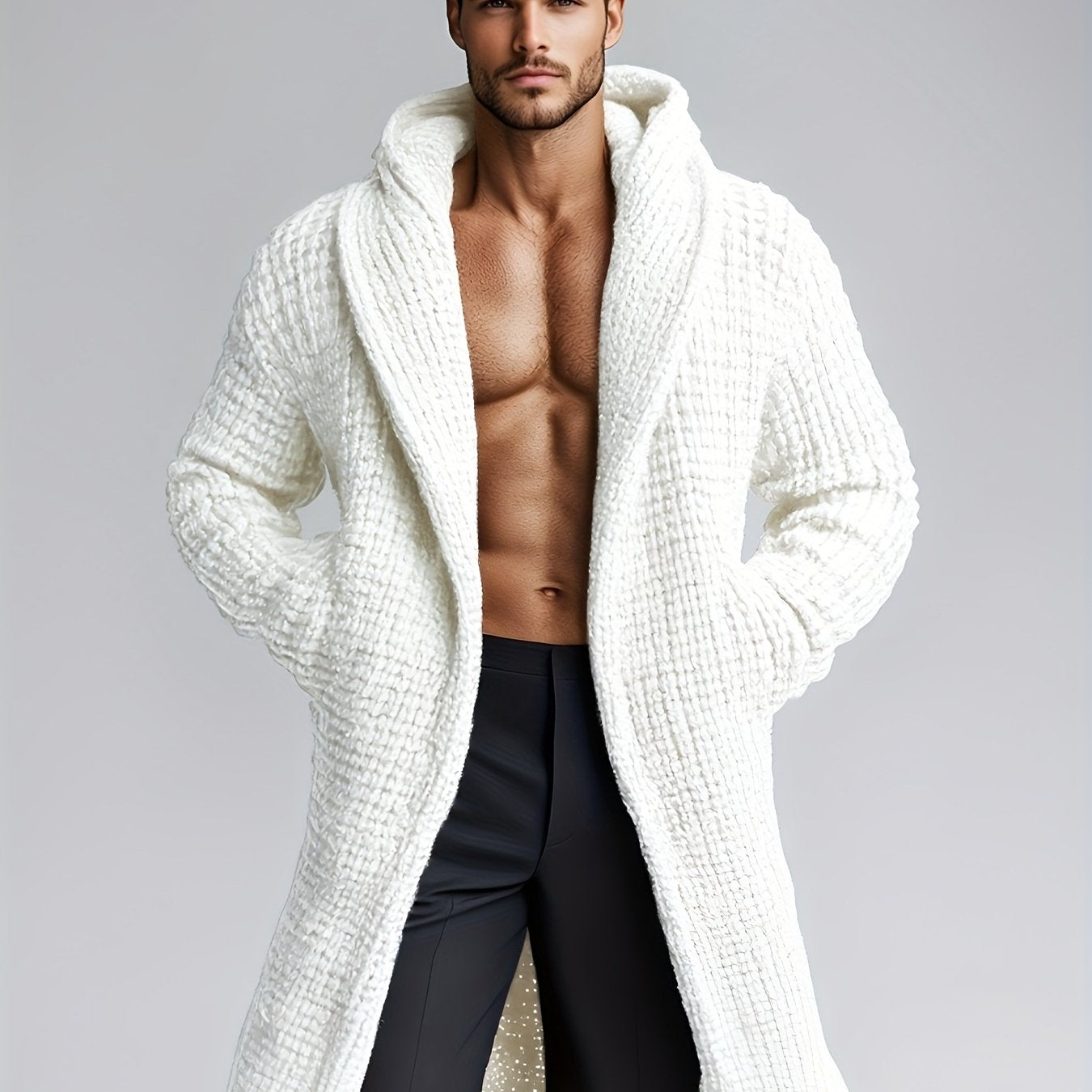Herren Cardigan Lang Strickpullover Haussweater Dunkelgrau mit Kapuze