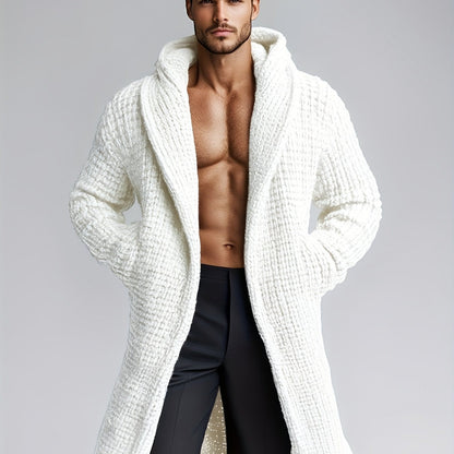 Herren Cardigan Lang Strickpullover Haussweater Dunkelgrau mit Kapuze