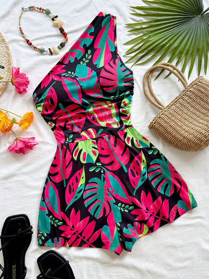 Damen Ein-Schulter-Jumpsuit mit tropischem Print – Modischer Sommer-Overall für Freizeit und Urlaub