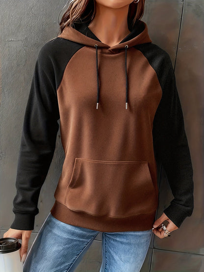 Damen Hoodie Raglan-Ärmel Braun Schwarz Kapuzenpullover mit Kängurutasche