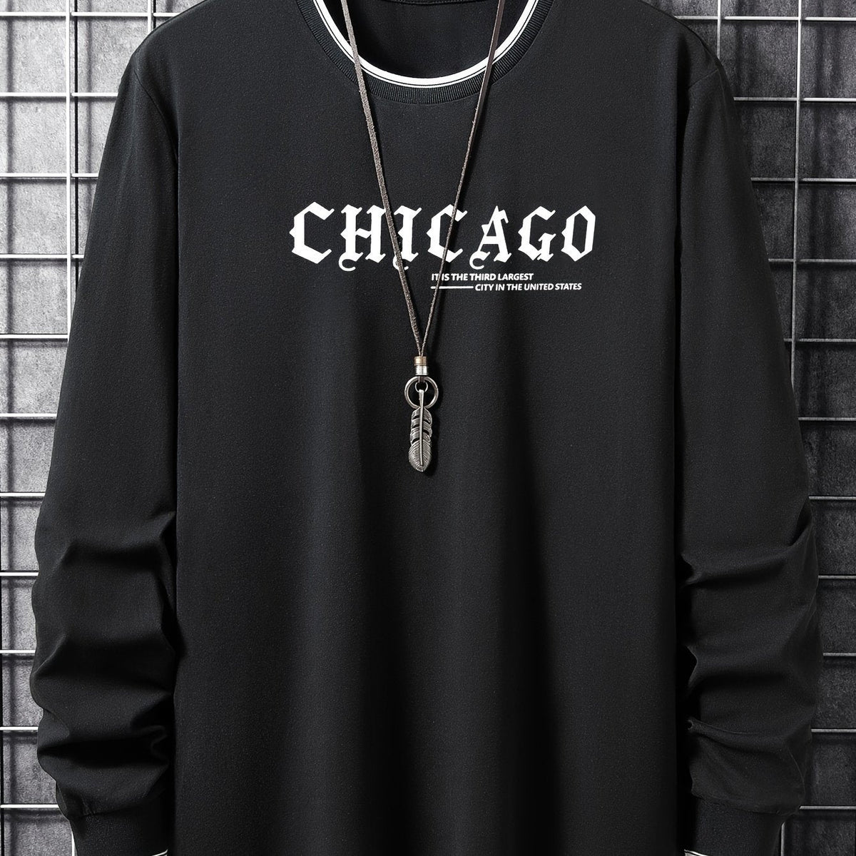 Herren Langarmshirt mit Rundhalsausschnitt und Chicago-Print, Ringelbündchen