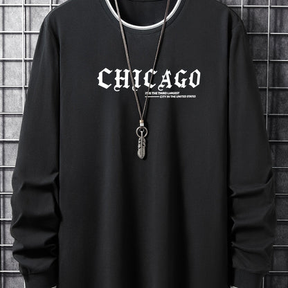 Herren Langarmshirt mit Rundhalsausschnitt und Chicago-Print, Ringelbündchen